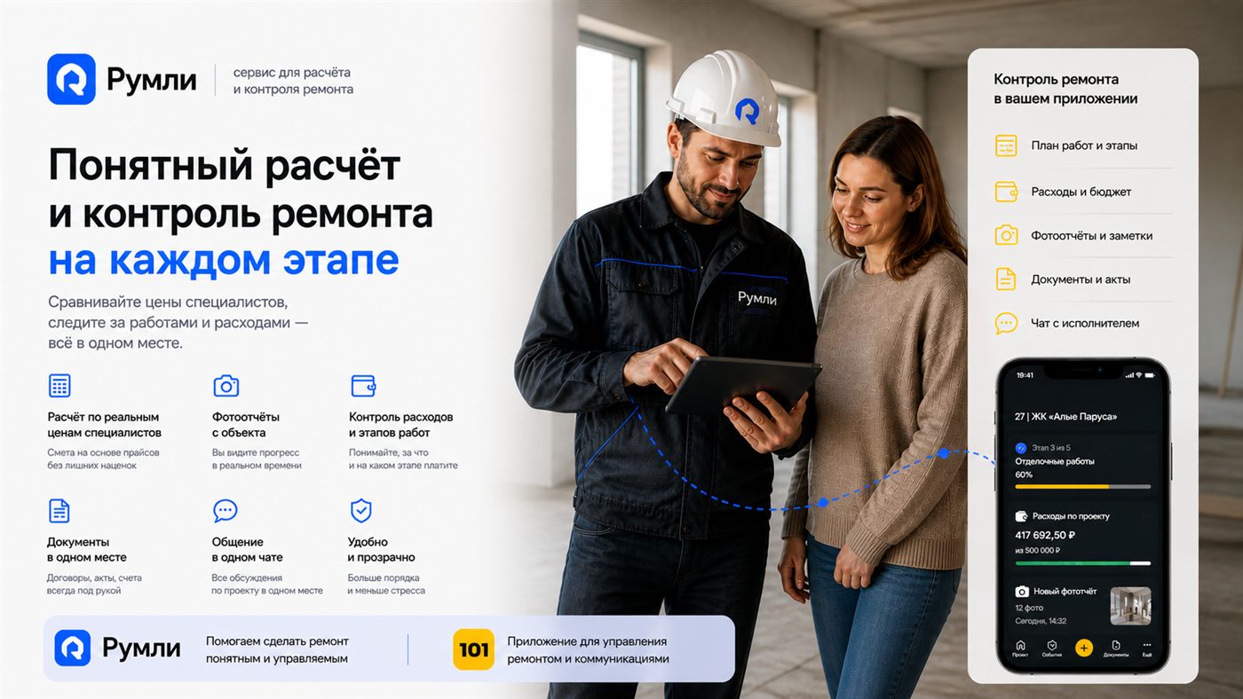 Румли и приложение 101: понятный расчёт, контроль ремонта, фотоотчёты, расходы, документы и чат с исполнителем